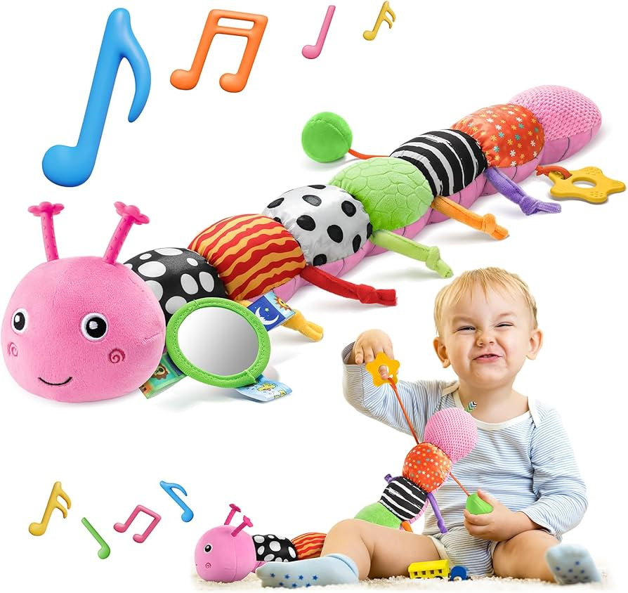 HEMRLY Baby Sensory Toy 0-6 Months, Musical Stuffed Caterpillar Plush with Teether, Crinkle, Ratt... | Amazon (US)