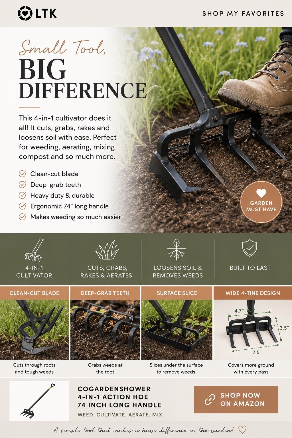Small Tool, Big Difference

This garden tool has made weeding and loosening soil so much easier. It cuts through roots, grabs weeds at the base, aerates soil, and helps mix compost without needing multiple tools. One of those simple Amazon finds that actually works and makes yard work faster.

#LTKSaleAlert #LTKHome #LTKSeasonal