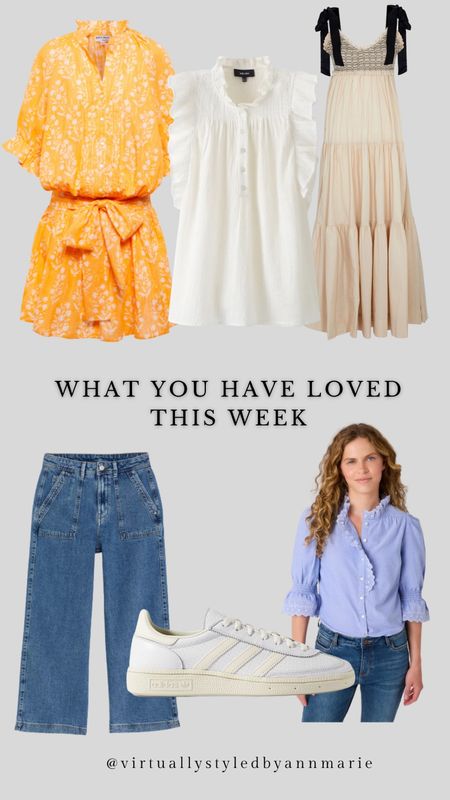 What you have loved this week 6/8/23

White blouse, sun dress, Juliet Dunn Dress, wide leg jeans, adidas trainers, chambray blouse 

#LTKFind