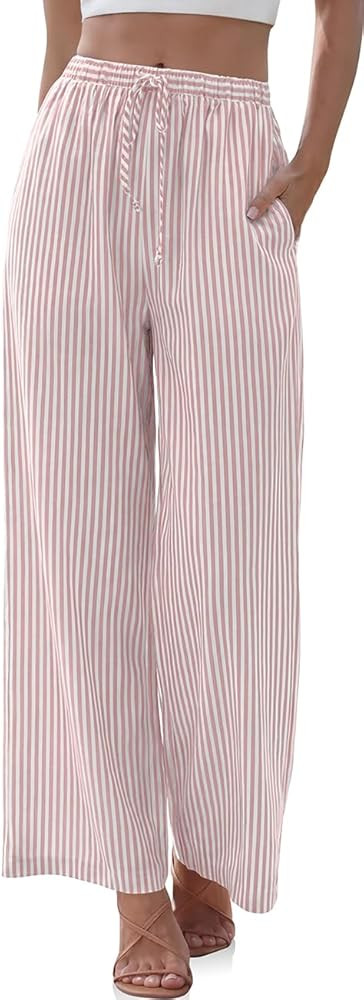 TARSE Womens Linen Striped Gingham Wide Leg Pants Palazzo Drawstring Lounge Pajama Pants Cute Casual Trousers with Pockets | Amazon (US)