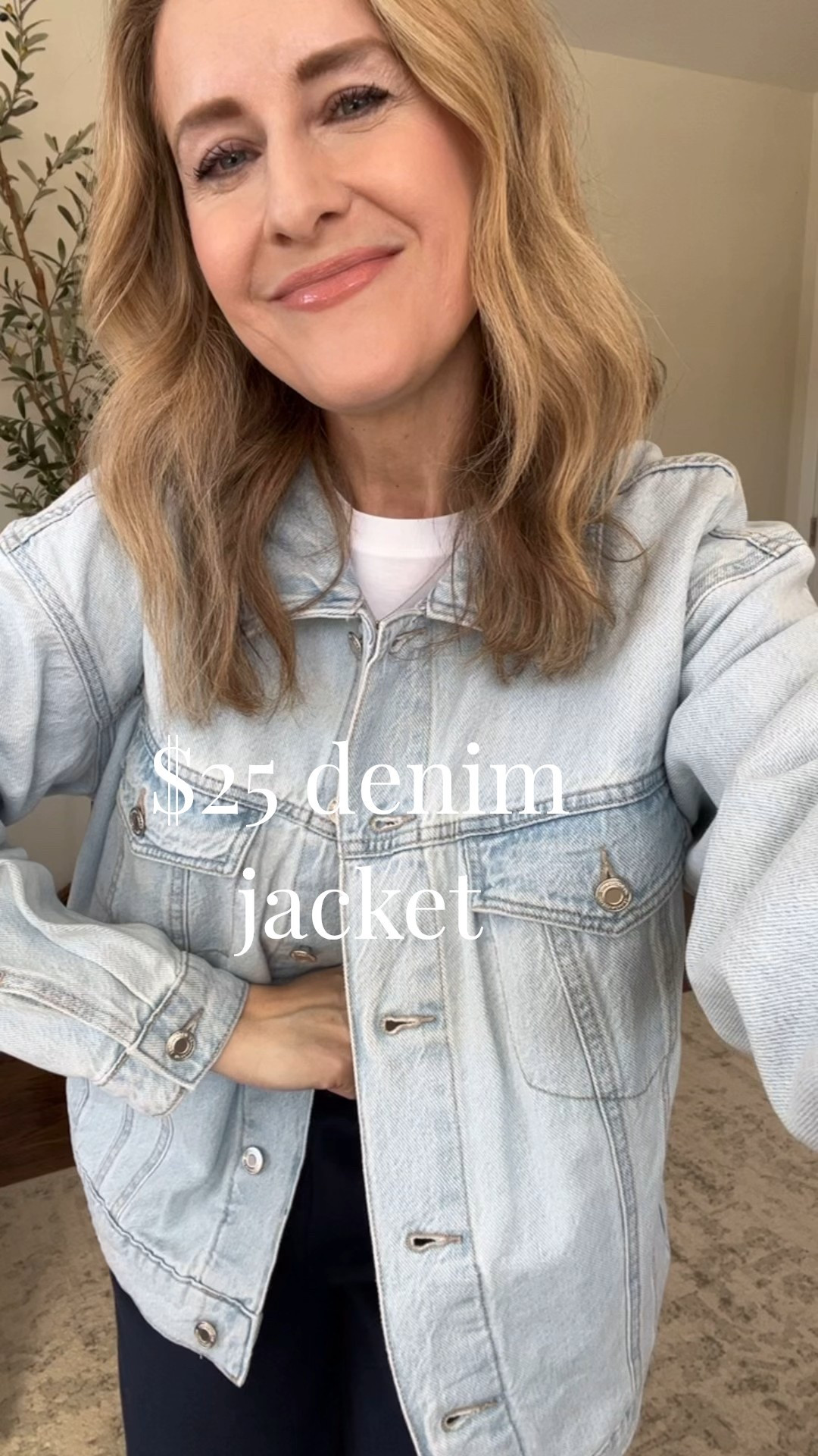 Walmart just dropped this $25 denim jacket and I love it.  Very similar to the celebrity pink jacket that sold out last year. I went up a size to a medium to ensure a loose fit. Pants tts small. #walmartfashion 