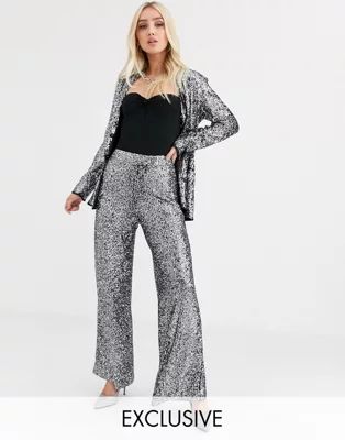 UNIQUE21 wide leg tuxedo trousers in sequin with contrast side seam co-ord | ASOS EE