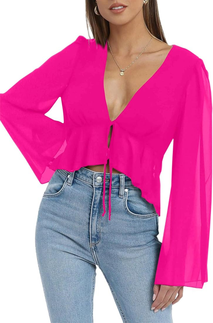 Hilinker Women's Deep V Neck Long Sleeve Crop Top Chiffon Ruffle Hem Blouse Shirt | Amazon (US)