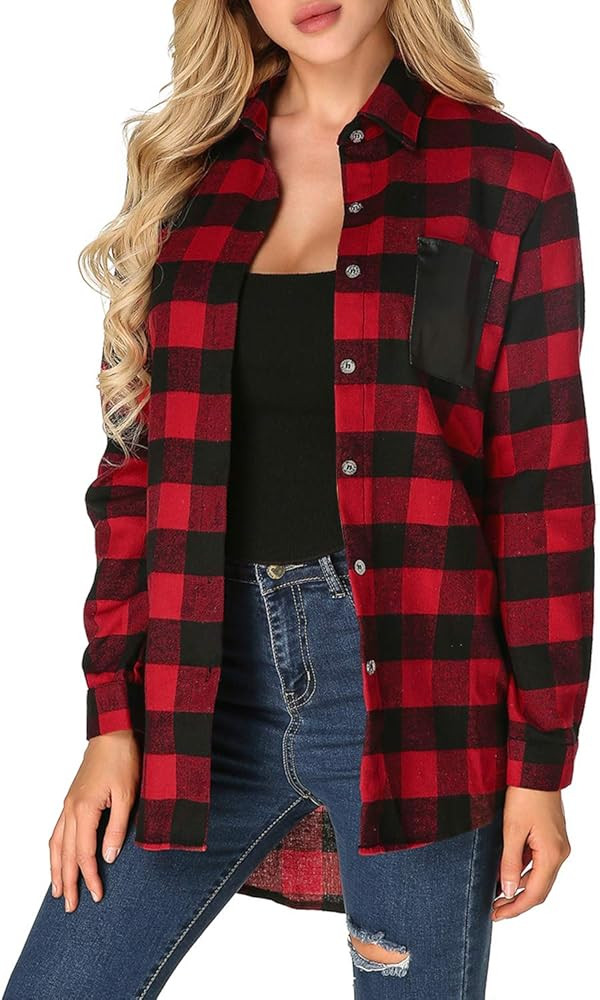ZANZEA Womens Buffalo Plaid Flannel Shirt Button Down Long Sleeve Tops Collar with Pocket | Amazon (US)