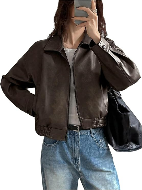 Milumia Women's Faux Leather Zip Up Jacket Oversized Bomber Cropped Coats | Amazon (US)