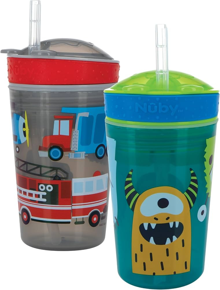 NUBY All in One Snack Bowl and No Spill Soft Straw Cup - 2 Pack Aqua Monsters & Grey Cars - Snack... | Amazon (US)