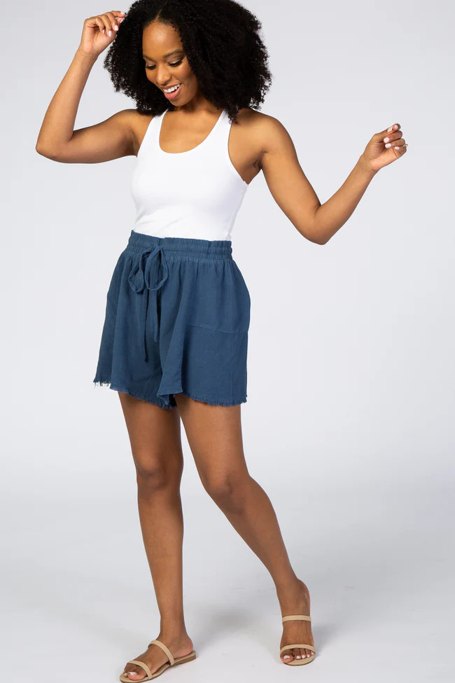 Blue Raw Hem Linen Shorts | PinkBlush Maternity