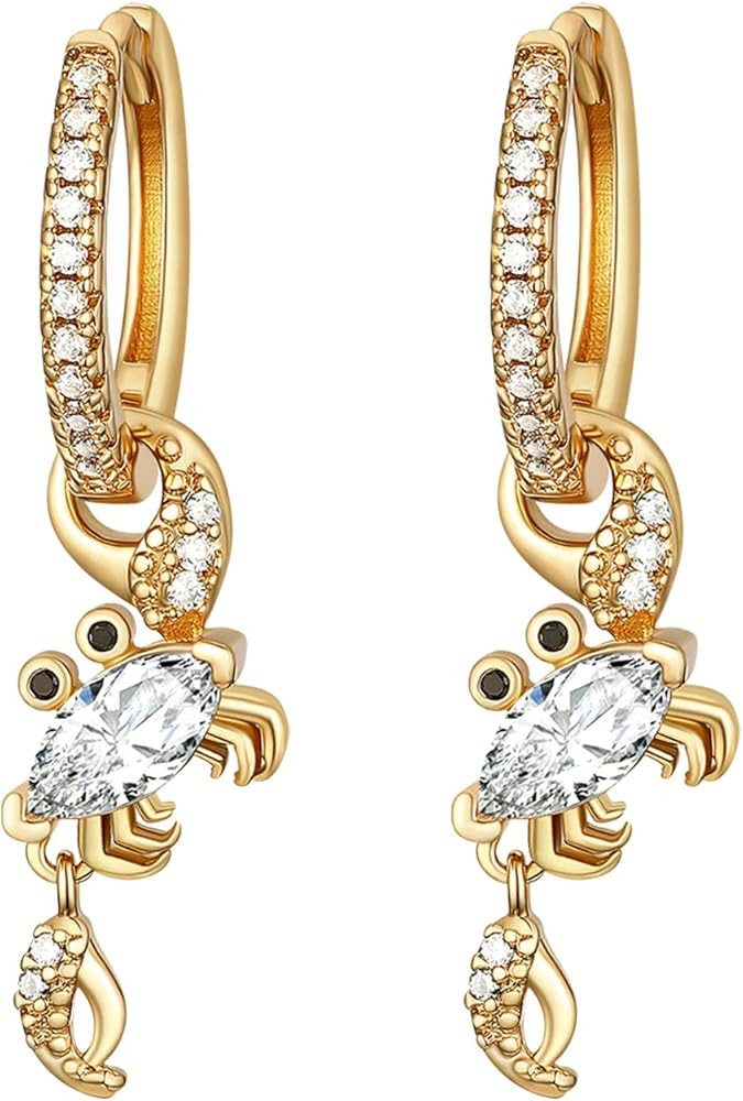 HZMAN Cute Crab Dangle Earring 14K Gold Plated Dainty Ocean Crystal Crab Drop Earrings for Women ... | Amazon (US)