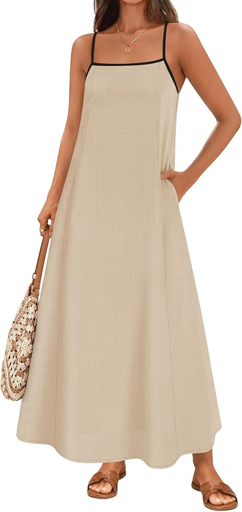 ZESICA Vestido largo de verano bohemio sin mangas para mujer, con tirantes delgados, casual, acam... | Amazon (US)