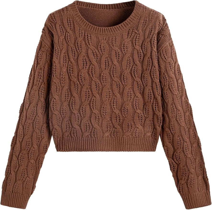 ZAFUL Women's Crew Neck Long Sleeve Pullover Sweater Ribbed Knit Jumper Cable Knit Sweater | Amazon (US)