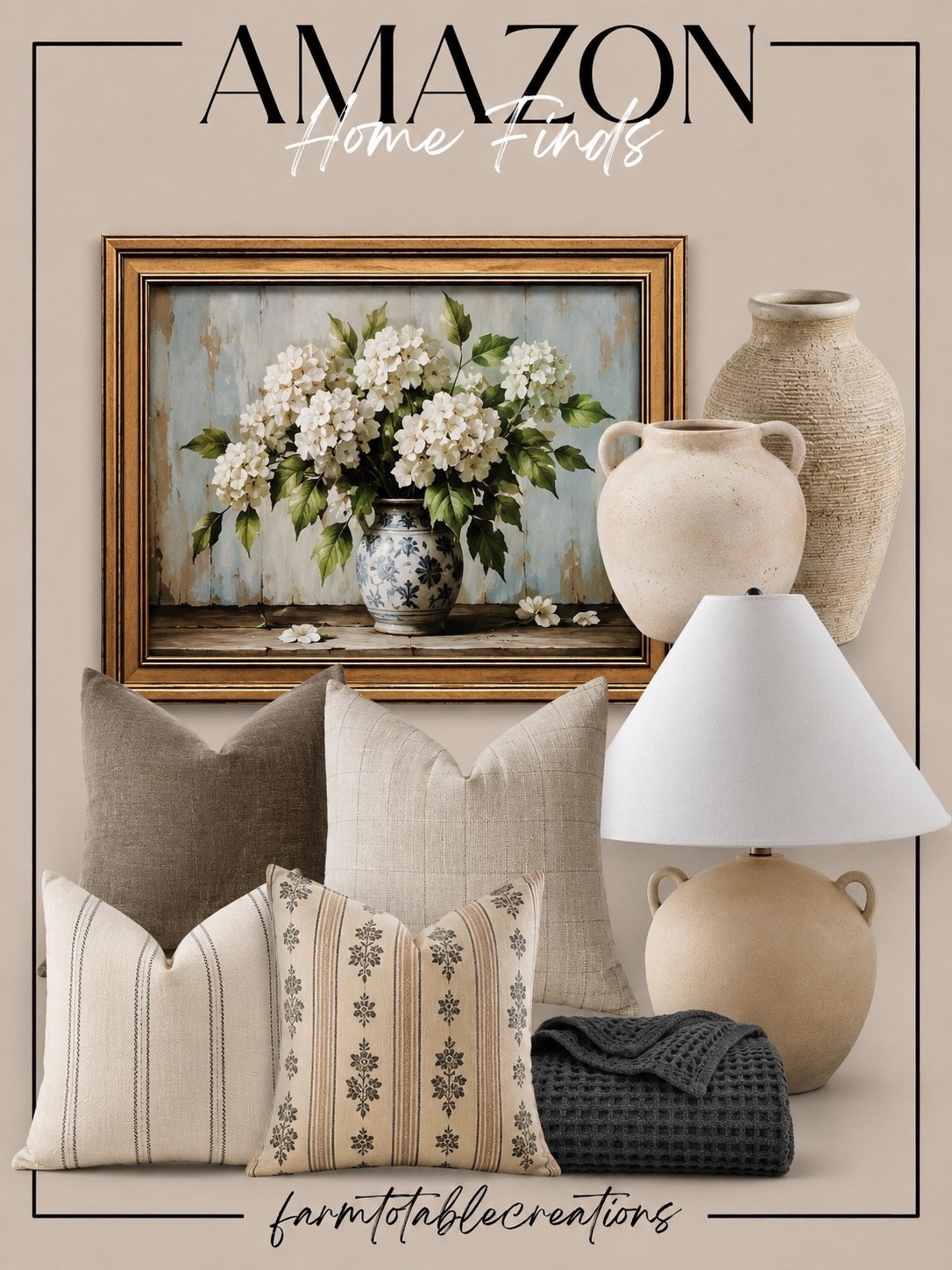 Amazon Home Finds

Follow @farmtotablecreations on Instagram for more home décor inspiration and curated finds.

Soft neutrals, timeless textures, and beautiful hydrangea artwork come together in this warm and collected home edit. From the vintage-inspired rug and layered pillows to the statement lamp and artisan-inspired pottery, these pieces effortlessly create a cozy, elevated look that feels designer styled without the designer price tag.

Perfect for refreshing a living room, bedroom, sitting area, or guest space with classic pieces that transition beautifully through every season.

#amazonhomefinds #homedecor #throwpillows #rug #tablelamp

#LTKHome #LTKSaleAlert