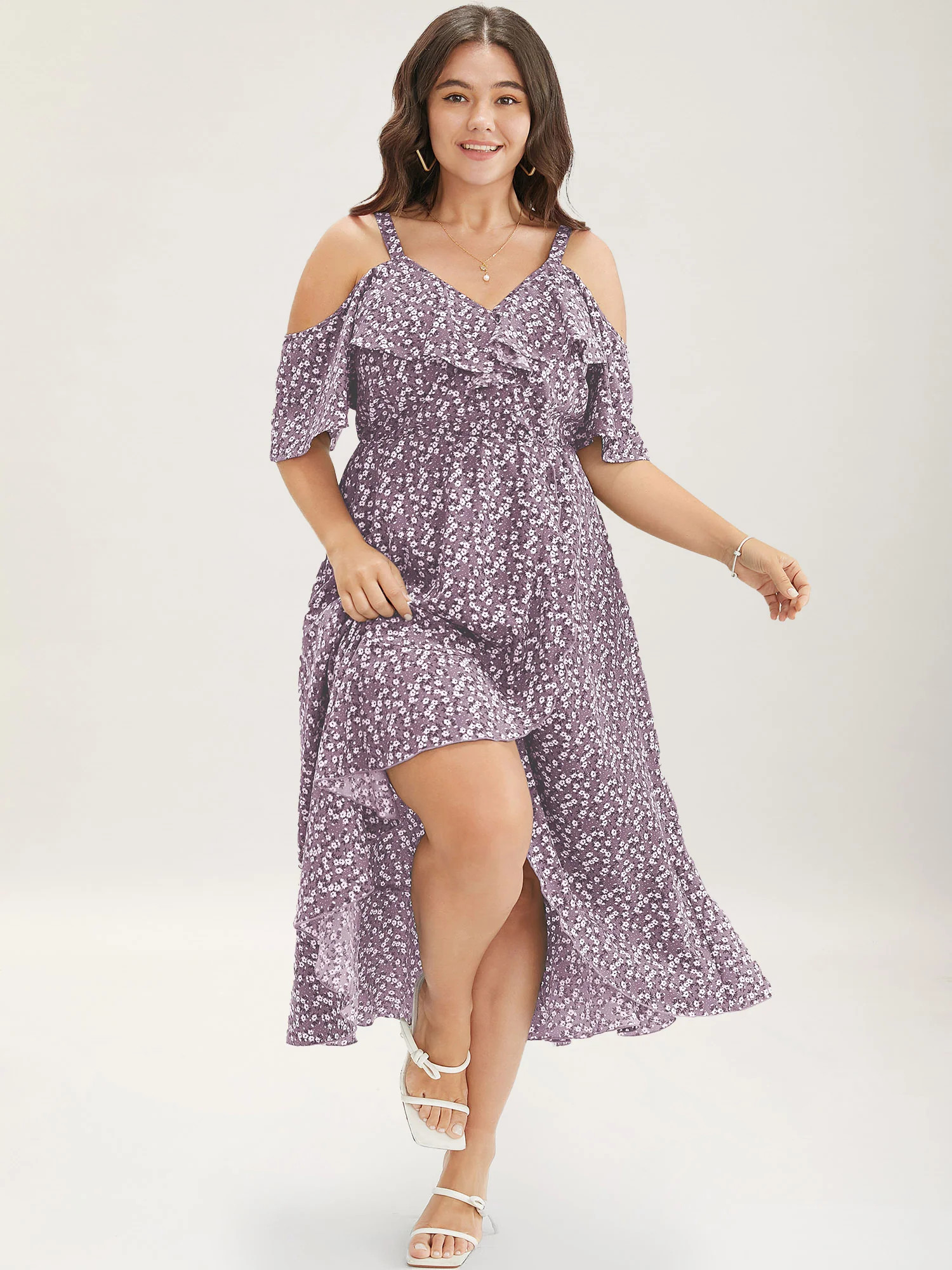 Ditsy Floral Pocket Wrap Cold Shoulder Ruffle Dress | Bloomchic