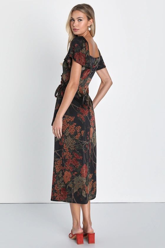 Subtle Elegance Black Floral Print Faux Wrap Midi Dress | Lulus