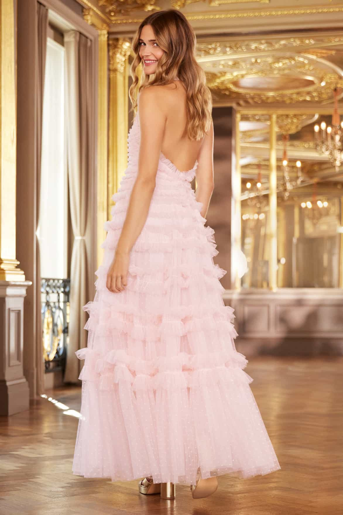 Needle & Thread Lisette Ruffle Halter Neck Gown Pink UK 4 | Needle & Thread