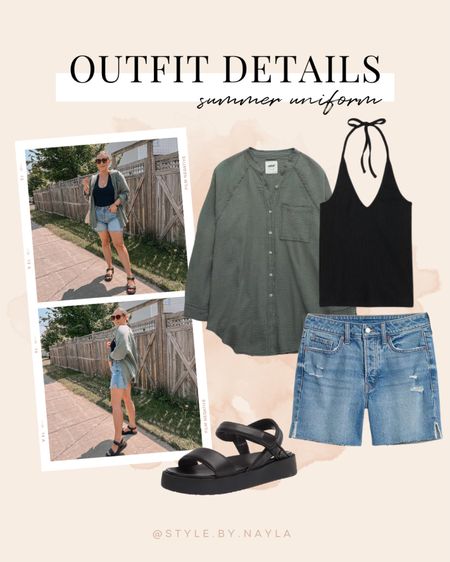 Casual summer ootd - most pieces on sale!! halter top with built in bra (size M), longer length denim shorts (size 12), my fave button up shirt (size S), chunky black sandals (TTS), linked similar bag

Midsize fashion, summer outfit ideas, slicked back hairstyle


#LTKstyletip #LTKsalealert #LTKSeasonal