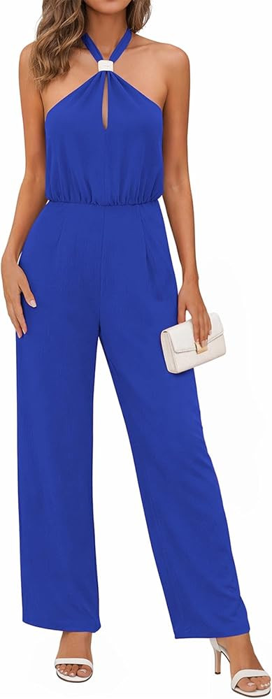 Lazysmile Summer Jumpsuits for Women Sleeveless Halter Backless Pants Romper Dressy Wide Legs One... | Amazon (US)