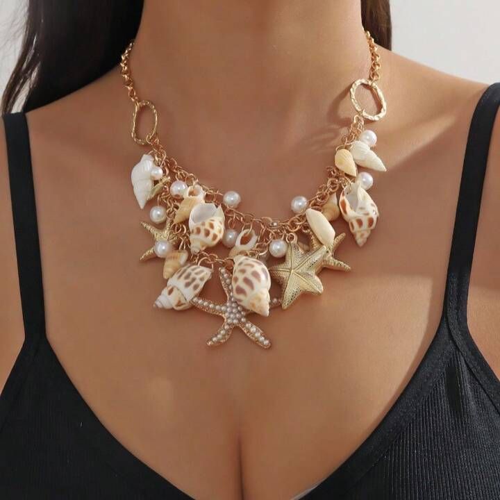 1pc Luxury Seashell Necklace In Bohemian , Including Conch, Starfish And Shell Pendant, With Rand... | SHEIN