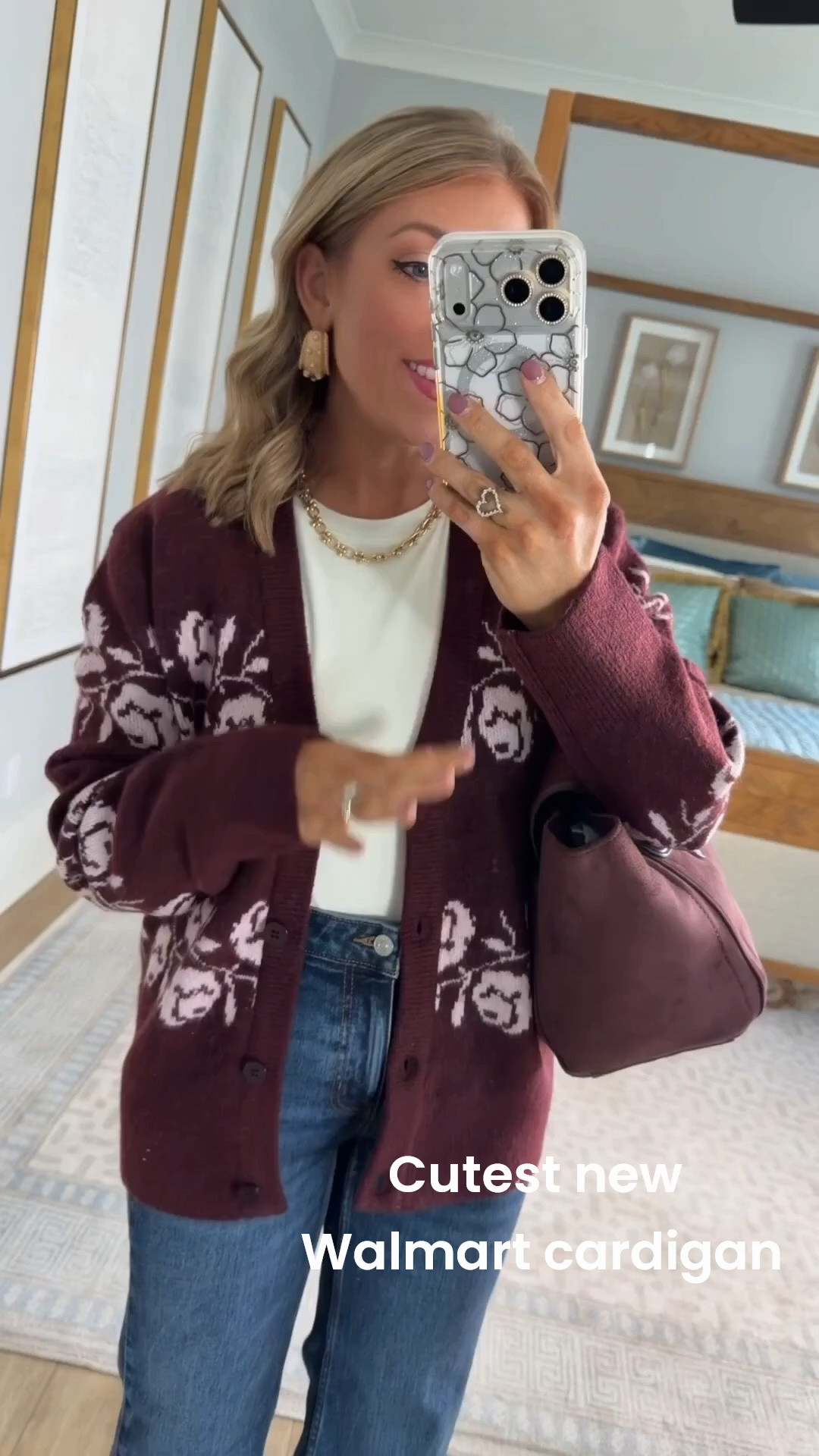 Okay THIS Walmart cardigan!! 😍🌸 The burgundy color with the soft pink floral design is absolutely gorgeous and looks SO much more expensive than it is. I styled it with a simple white tee, wide-leg jeans, neutral heels + a coordinating burgundy bag for the prettiest elevated fall outfit. Walmart’s new sweater arrivals are unreal right now—this is definitely one I would grab before sizes start disappearing!

#walmartfashion #walmartfinds #walmartnewarrivals #walmartcardigan #walmartsweater #fallfashion #falloutfit #burgundycardigan #floralcardigan #widelegjeans #affordablefashion #affordablestyle #walmartstyle #fallstyle #walmartclothing

#LTKootd #LTKPetite
