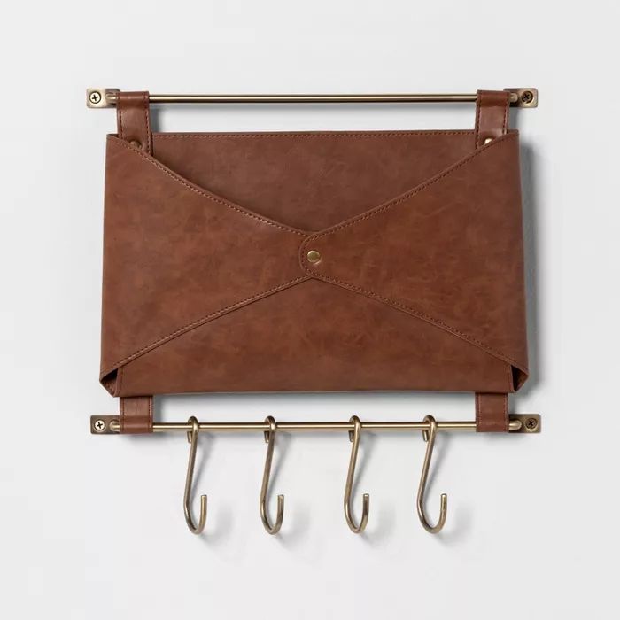 Entryway Metal Hook Rail with Faux Leather Folio Brown - Threshold™ | Target