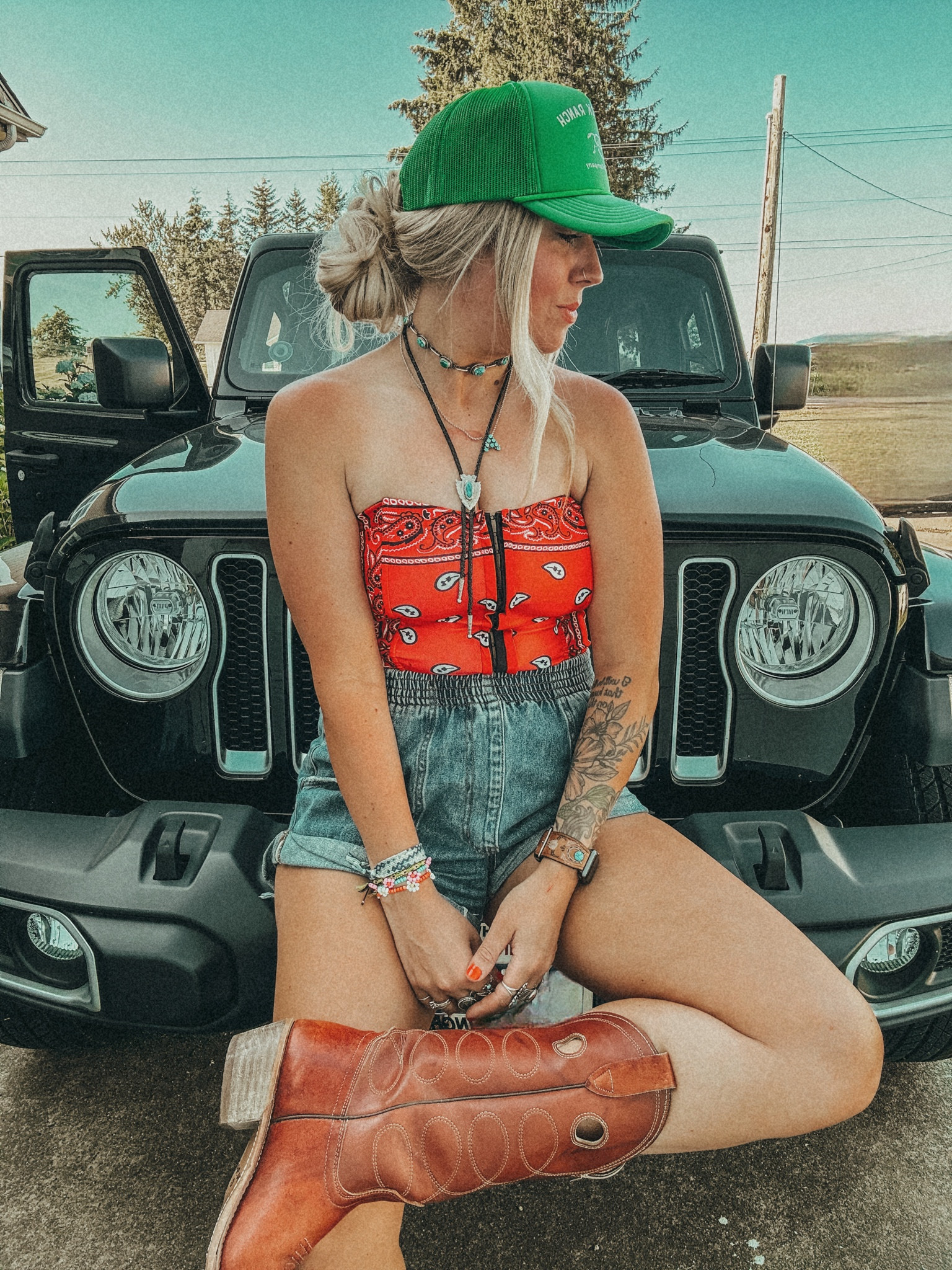 Hat hairstyle ❤️ #truckerhat #countryconcertoutfit #westernoutfit #westernstyle #cowgirlboots #cowgirlbootoutfit 

#LTKSeasonal #LTKStyleTip #LTKShoeCrush