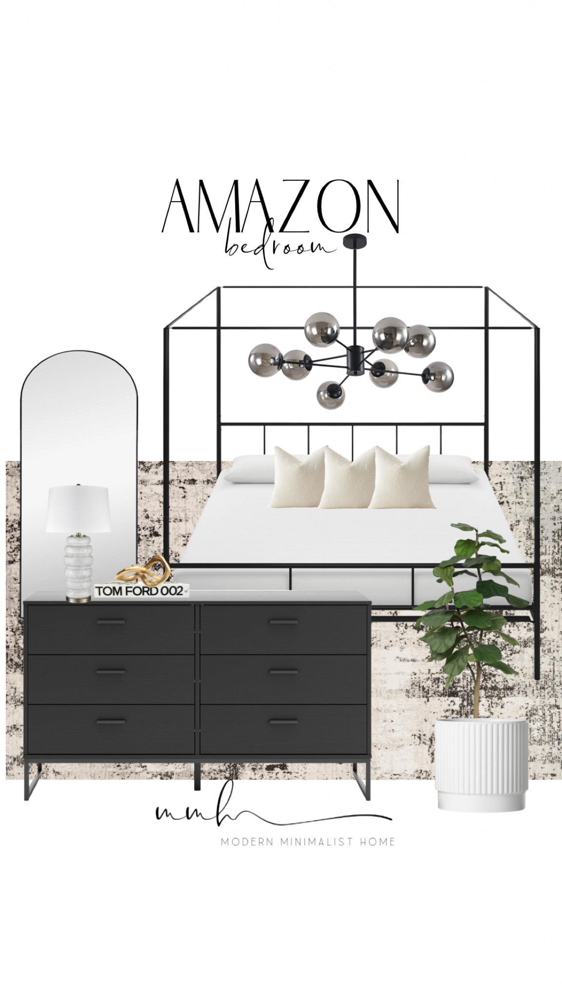 Elevate your bedroom with these stunning @Amazon home finds! 🖤✨ This mood board features a sleek full-size platform bed with a sophisticated canopy frame for a modern, luxurious vibe. Cozy pillows and a stylish black dresser add comfort and functionality, while the modern wall mirror and faux tree bring depth and texture. Complete the space with a chic lamp and a modern rug for that perfect finishing touch. Transform your room into a restful retreat! 

#LTKHome #LTKStyleTip #LTKFindsUnder100