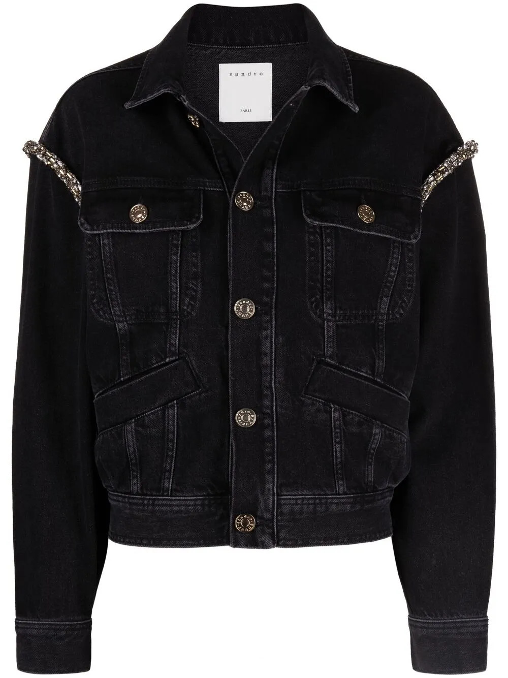 SANDRO crystal-embellished Denim Jacket | Black | FARFETCH AU | Farfetch Global