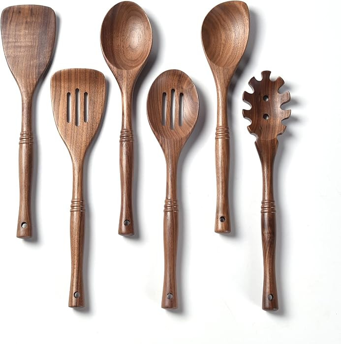 12 inch Black Walnut Wooden Utensils - 6 Pcs Crafting Spoon Set for Cooking | Amazon (US)