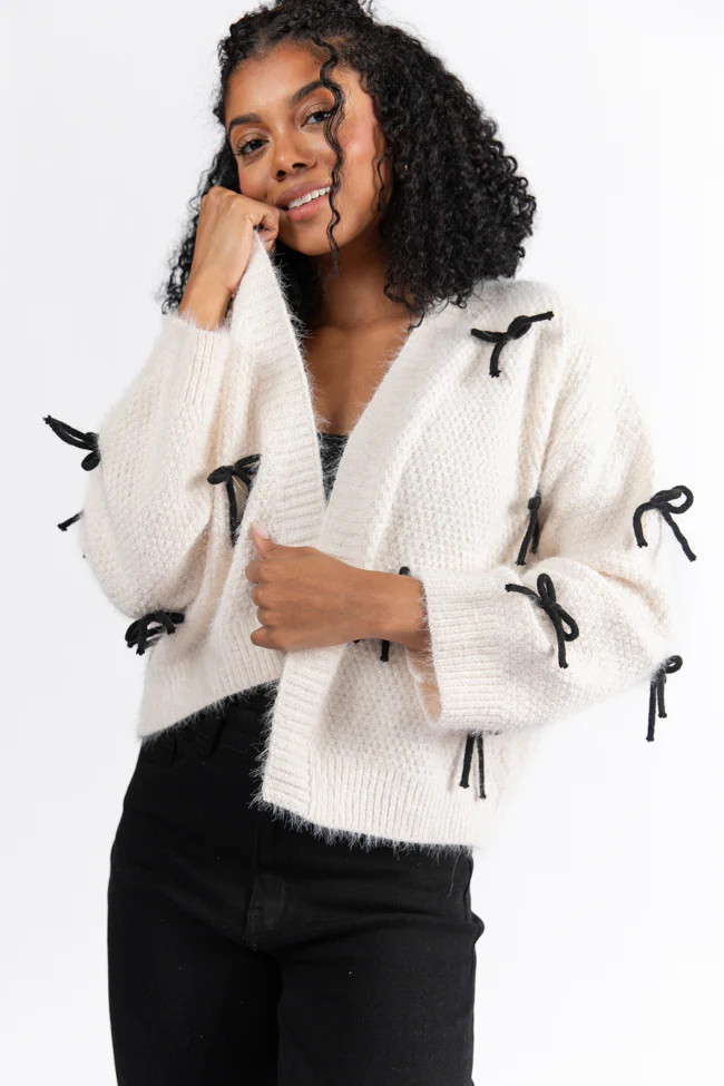 Working On Me Cream And Black Bow Embroidered Cardigan | Pink Lily