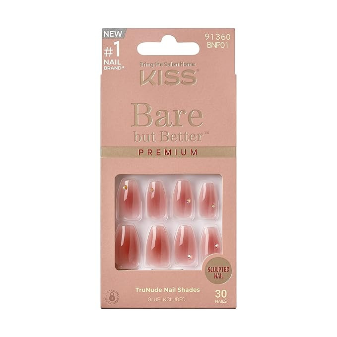 KISS Bare But Better, Press-On Nails, Nail glue included, 'Shine', Dark Pink, Medium Size, Coffin... | Amazon (US)