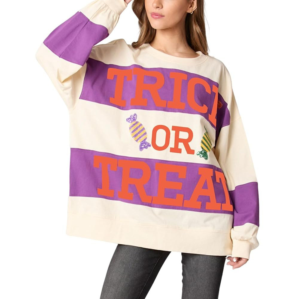 utcoco Oversized Sweatshirt for Women Halloween Letter Print Long Sleeve Shirts Color Block Hoodi... | Amazon (US)