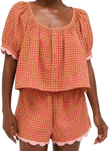 VAOYIU Two Piece Sets for Women Casual Summer Gingham Outfit Puff Sleeve Crew Neck Top Matching S... | Amazon (US)