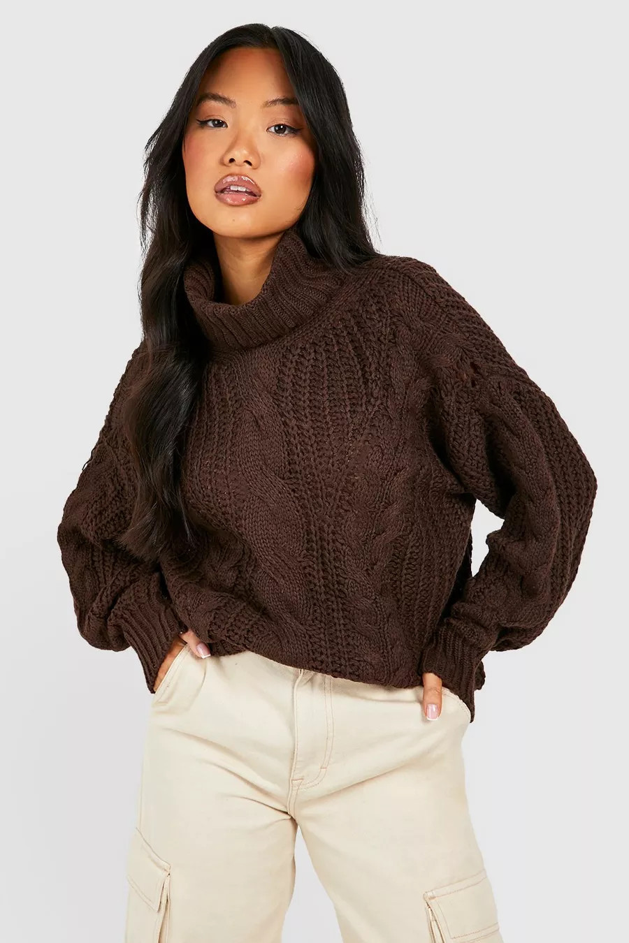Petite - Pull en maille torsadée à col roulé | Boohoo.com (FR)