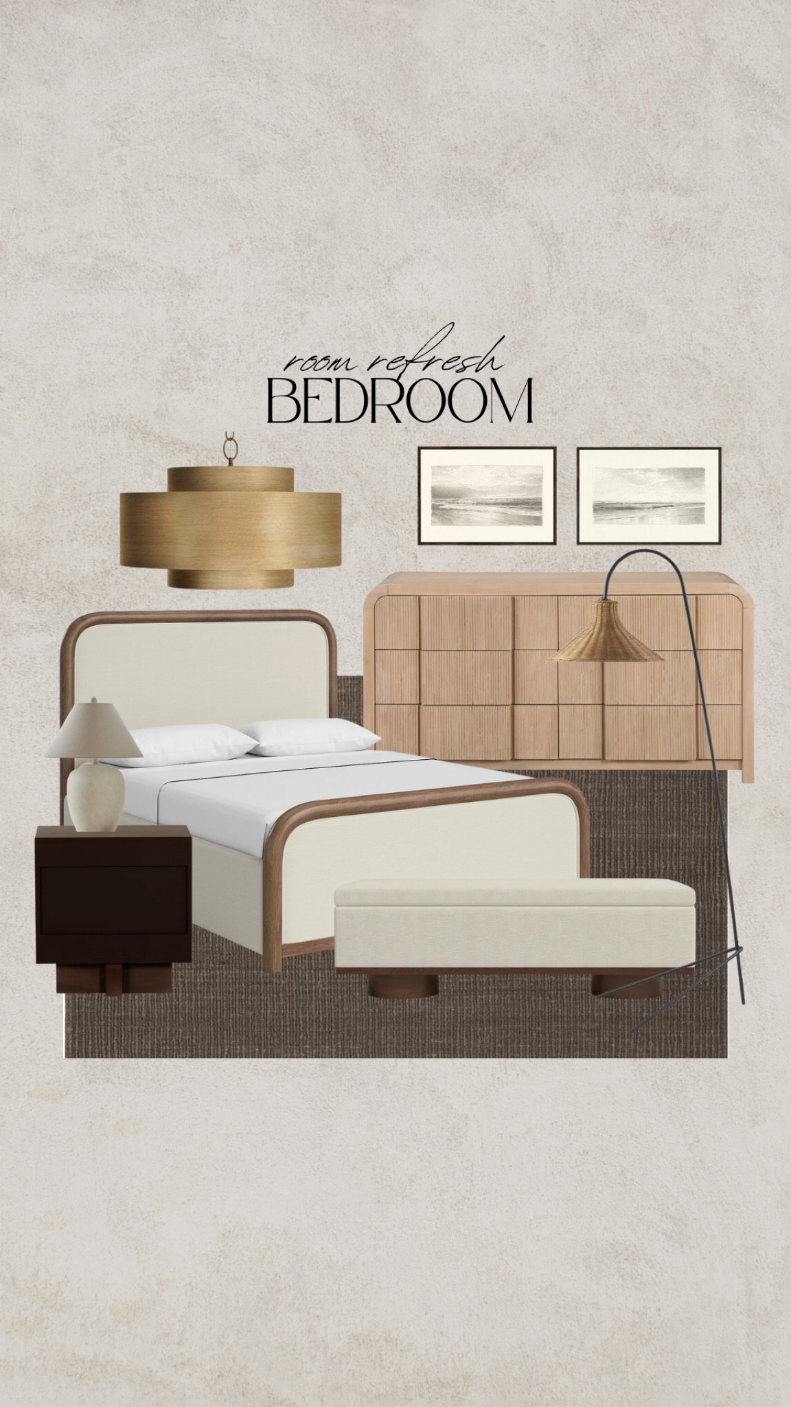 A glorious bedroom moodboard. Upholstered bed frame, storage bench, walnut nightstand, white oak dresser, rattan floor lamp, gold chandelier, brass chandelier, wall art, sketch, jute rug, neutral bedroom, modern organic bedroom #ltkxwayfair

#LTKHome #LTKGiftGuide #LTKSaleAlert