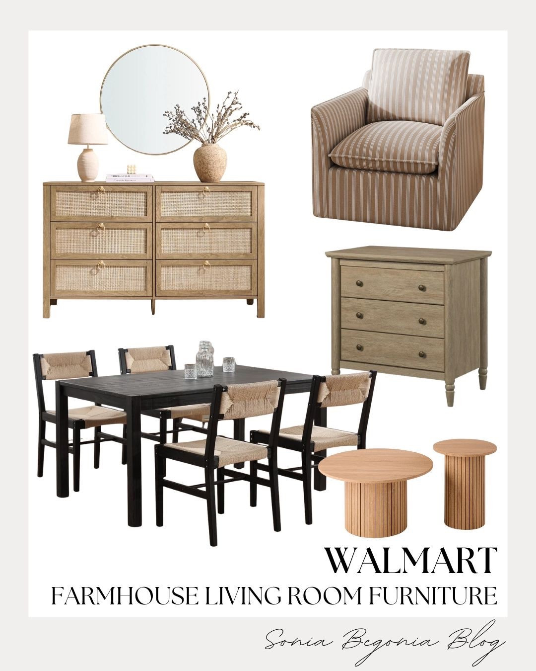 WALMART HOME: Coastal Farmhouse Living Room! 🏠

Elevate your living space with these stunning and affordable farmhouse furniture finds from Walmart!

I am obsessed with the warm textures and natural wood tones in this curated collection. The centerpiece is a gorgeous six-drawer light wood dresser featuring chic cane-front panels and gold ring pulls. I paired it with a sophisticated tan and white striped swivel armchair for a classic, cozy feel. To balance the room, I love the modern-meets-rustic black dining table with woven rope chairs and the matching fluted wood coffee and side tables. I finished the look with a simple round gold mirror and a textured ceramic lamp to bring a touch of polished, coastal-inspired glam to your home!

#WalmartHome
#WalmartFinds
#FarmhouseStyle
#CoastalFarmhouse
#LivingRoomDecor
#HomeInspo
#NeutralHome
#CaneFurniture
#InteriorDesign
#AffordableHome
#EverydayChic
#LTKHome
#HomeRefresh
#ModernFarmhouse
#StylingInspo

#LTKHome