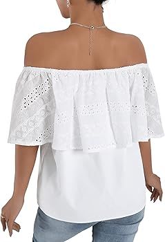 SweatyRocks Women's Elegant Boho Off Shoulder Short Sleeve Hollow Out Loose Blouse Top | Amazon (US)