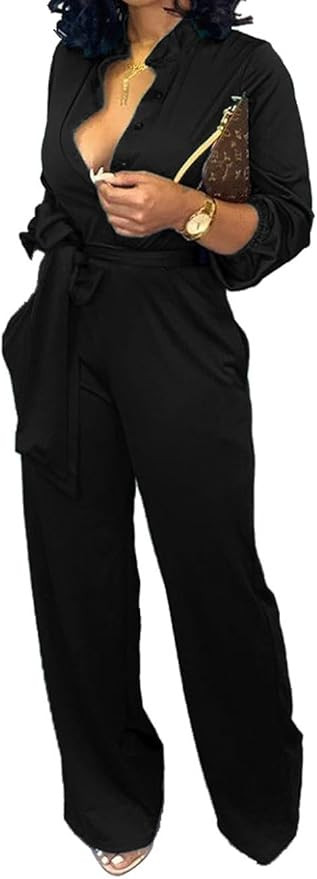 Women Jumpsuits For Elegant Sexy V Neck Long Sleeve Casual for Work Wide Leg Pants with Pockets B... | Amazon (US)