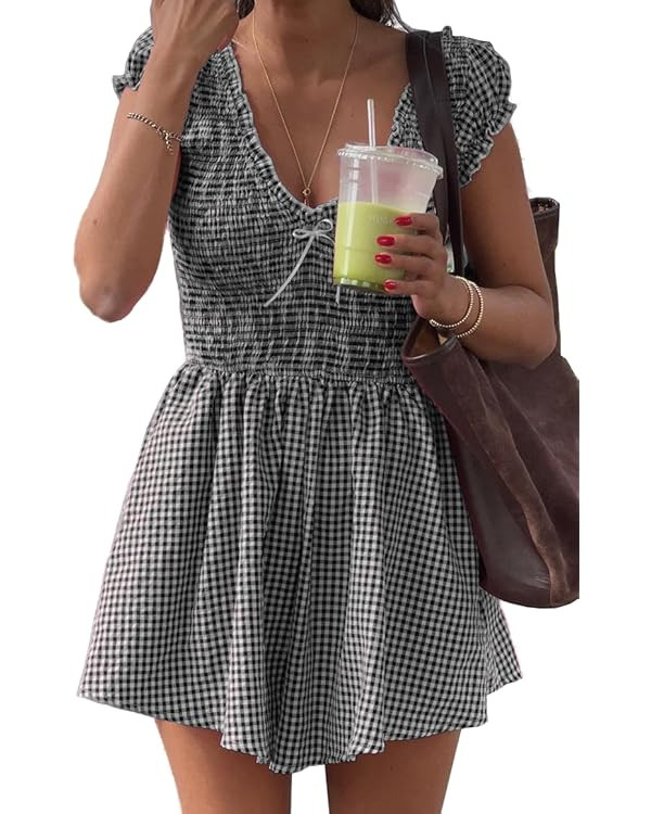 Womens Summer Gingham Rompers V Neck Puff Sleeve Smocked Wide Leg Plaid Shorts Dressy Jumpsuits | Amazon (US)