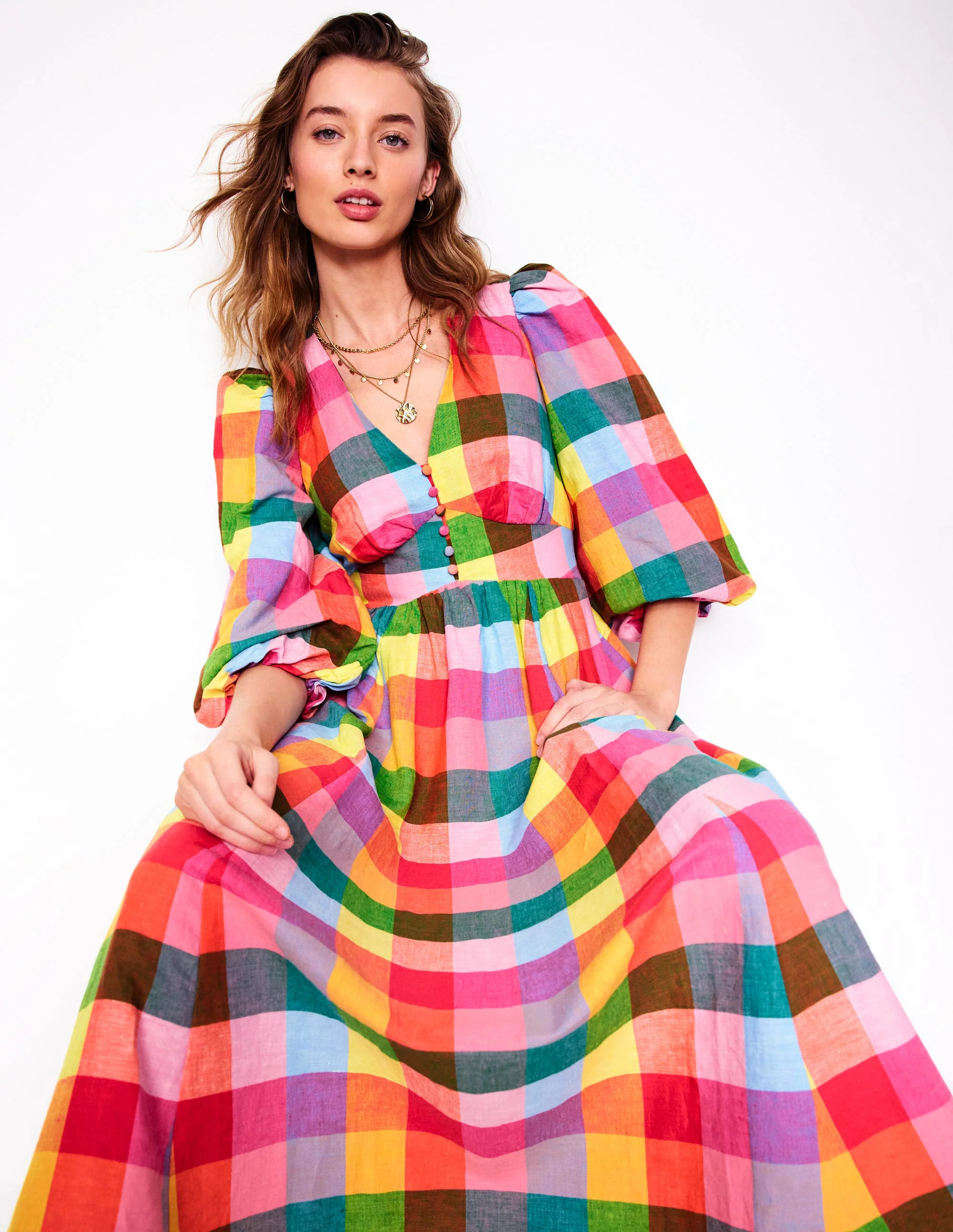 Lola Blouson Maxi Dress-Rainbow Multigingham | Boden UK
