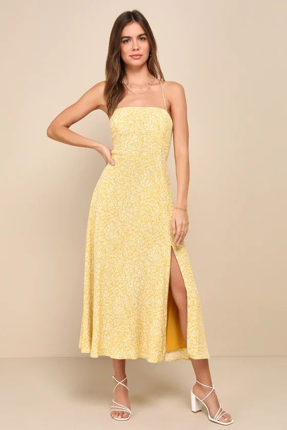 Charming Dedication Yellow Floral Sleeveless Lace-Up Midi Dress | Lulus