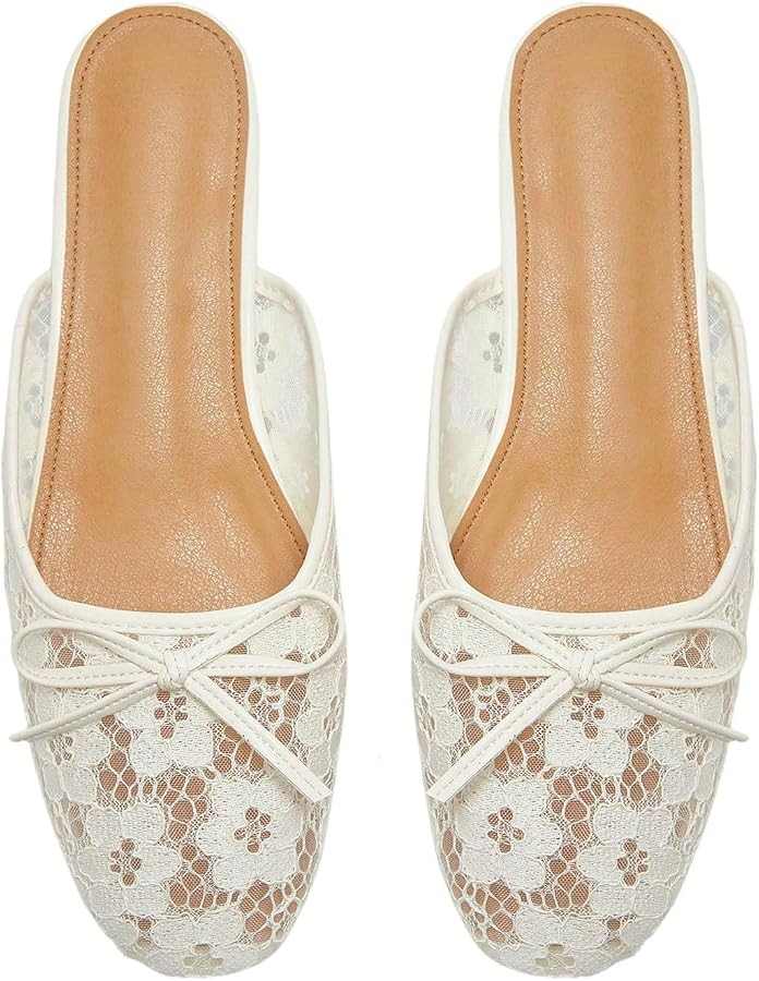 BEAUDRM Women's Floral Lace Bow Flat Shoes Square Toe Flats Elegant Slip on Backless Loafers | Amazon (US)
