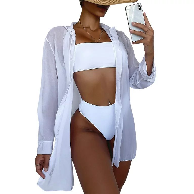 CenturyX Women's Sexy Bikini Cover Ups Solid Color Long Sleeve Turn-Down Collar Slit See-through ... | Walmart (US)