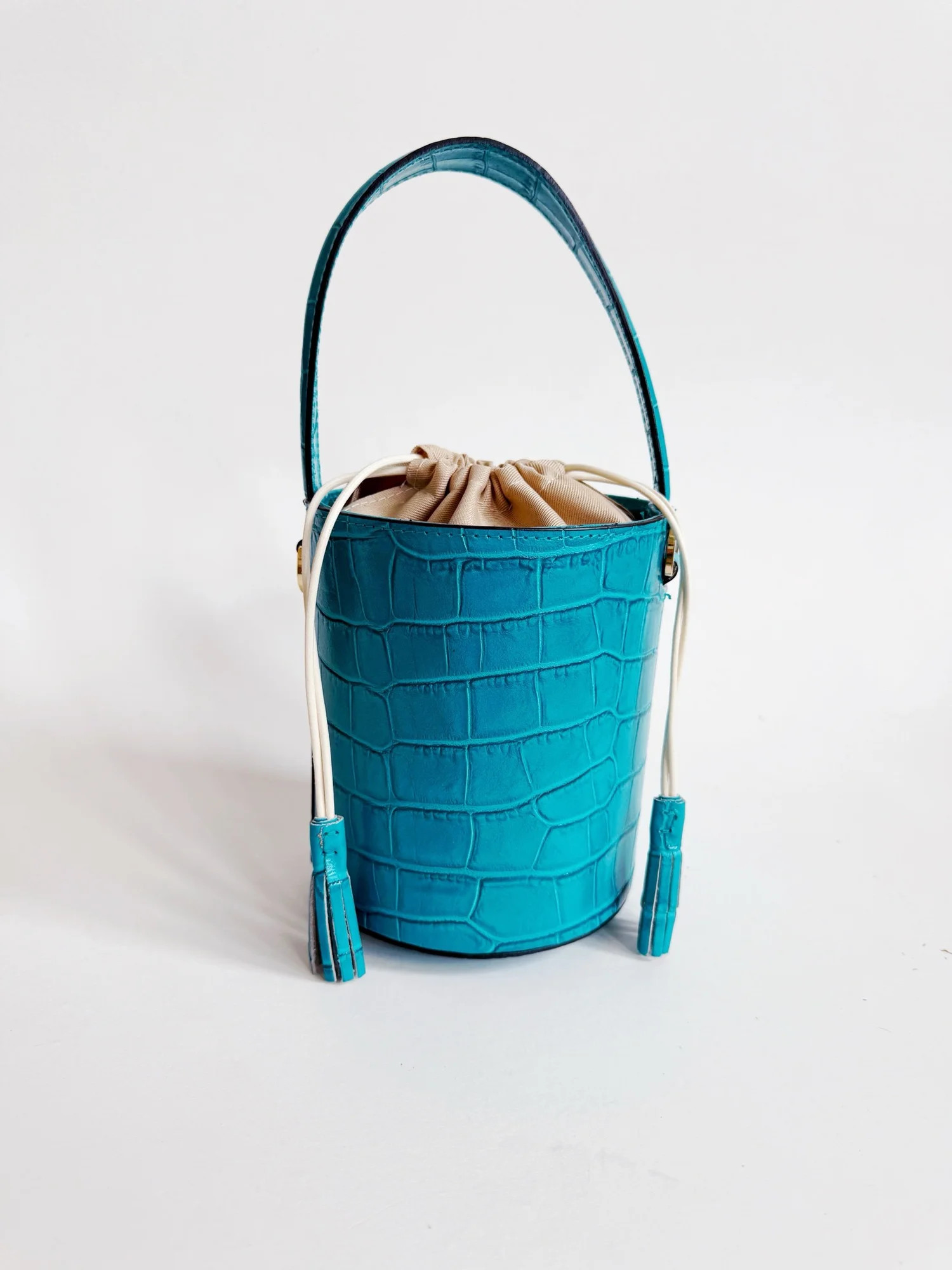 CC X CG Turquoise Crocodile Embossed Leather Bucket Bag — COLORES COLLECTIVE | Colores Collective
