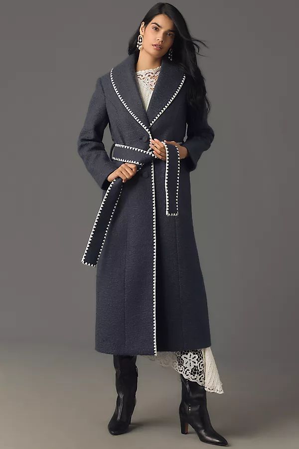 Avec Les Filles Blanket-Stitch Belted Shawl-Collar Coat | Anthropologie (US)