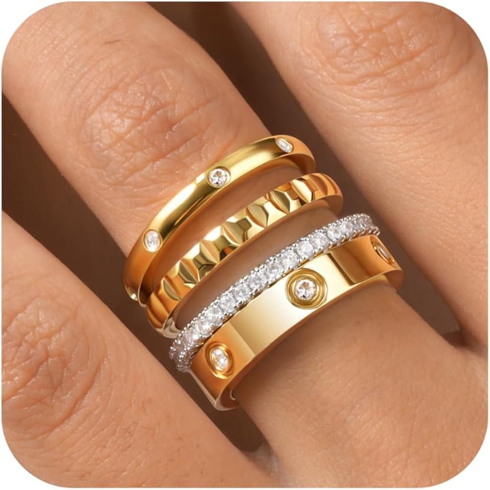 Stackable Gold Rings for Women - 18K Gold Plated Rings Set, Non Tarnish Stainless Steel Cubic Zir... | Amazon (US)