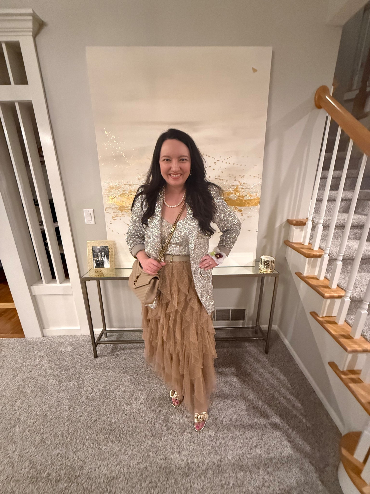 Gala outfit!  Neutral-chic!  

Sequin jacket: from Express a few years ago - similar one linked 
Skirt: from a local boutique - similar one linked 
Sequin tank: from Marshall’s a few years ago - similar one linked 
Shoes: Kurt Geiger from a couple years ago - similar styles linked 
Belt: YSL brooch on an elastic belt from Amazon
Bag: YSL - this color is out of stock currently but I’ve linked used ones