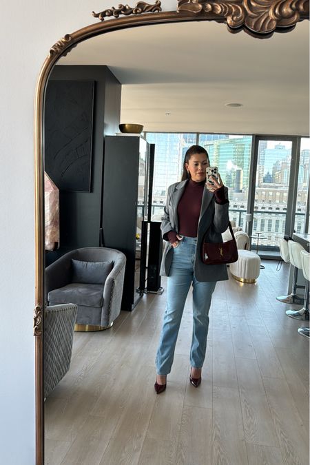 Comfortable jeans and burgundy outfit 
YSL bag
Cherry heels 

#LTKworkwear #LTKSeasonal #LTKsalealert