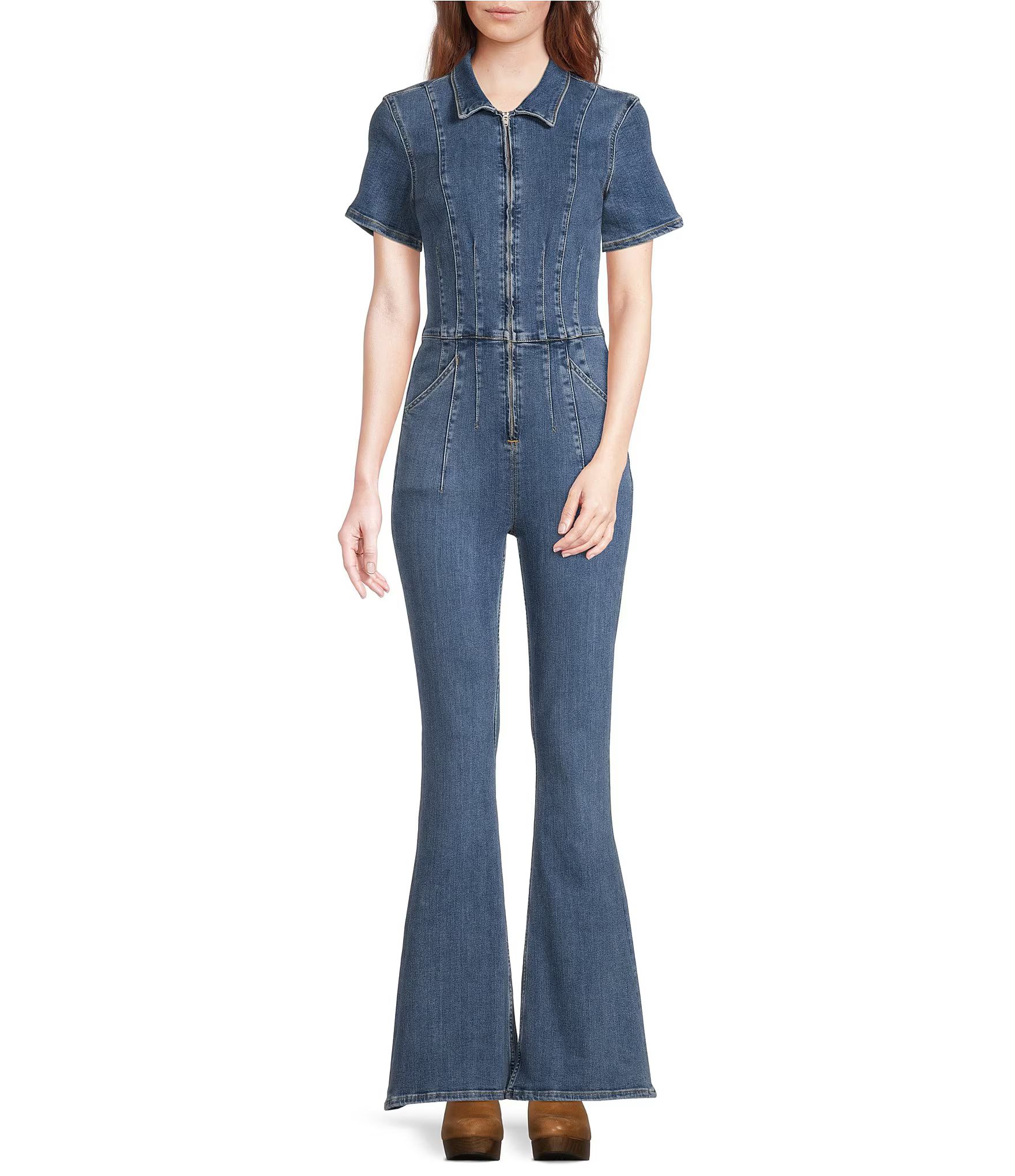 Jayde Point Collar Short Sleeve Flared Leg Flight Suit | Dillard's