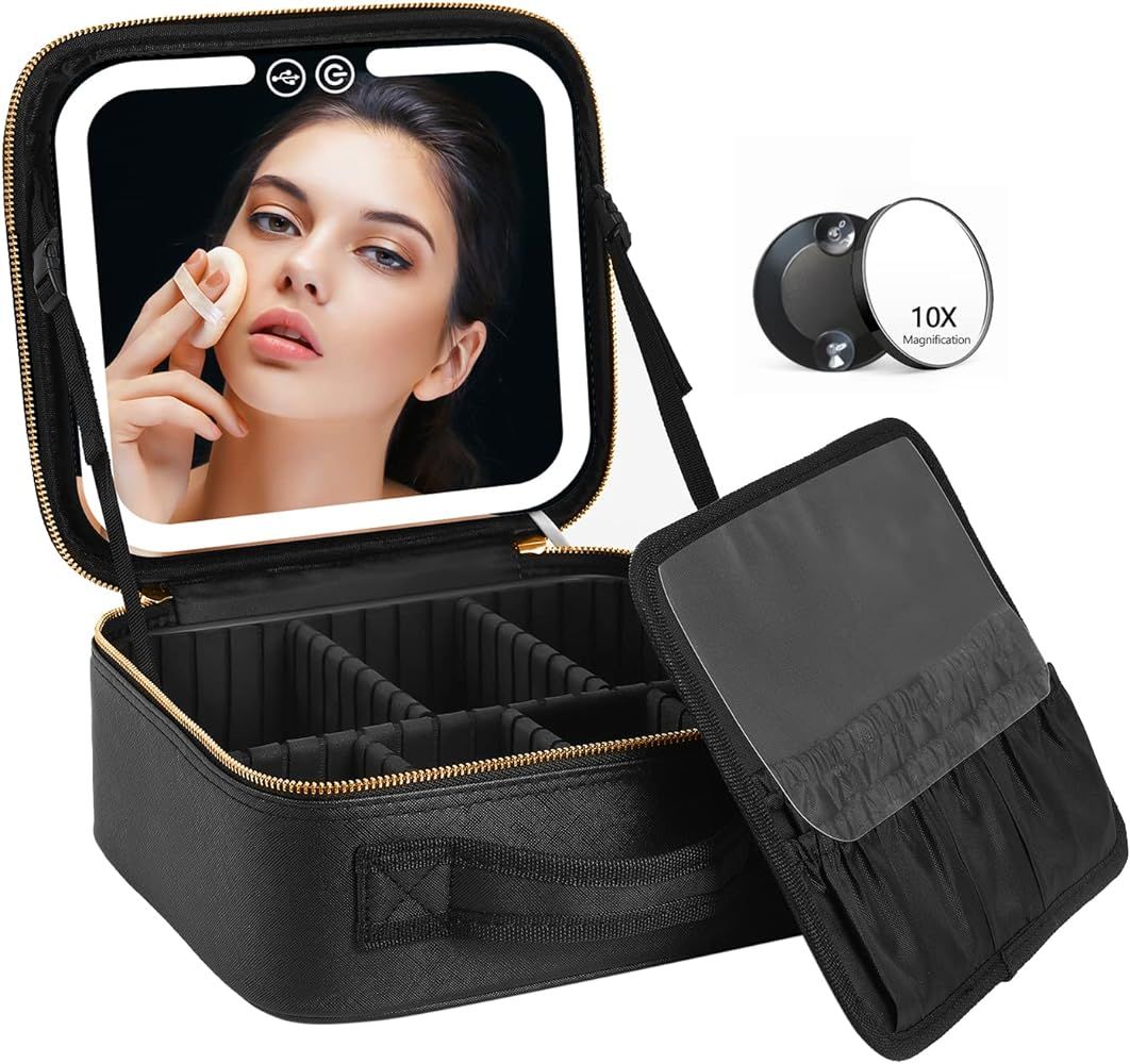 VANMRIOR Travel Makeup Bag with LED Lighted Make up Case with Mirror 3 Color Setting Cosmetic Mak... | Amazon (US)