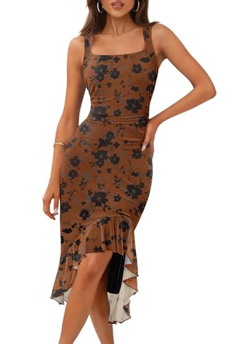 MEROKEETY Women's Summer Floral Square Neck Dress Sleeveless Ruffle Hem Mesh Cocktail Party Midi Dress, Brown, Medium | Amazon (US)