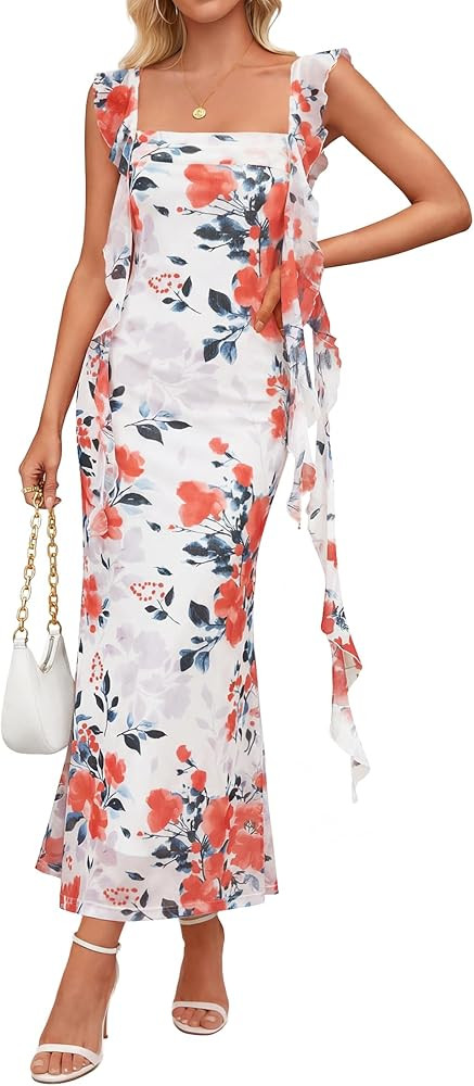 ZESICA Women's Summer Floral Maxi Dress 2026 Boho Sleeveless Square Neck Bodycon Mesh Wedding Guest Vacation Dresses | Amazon (US)